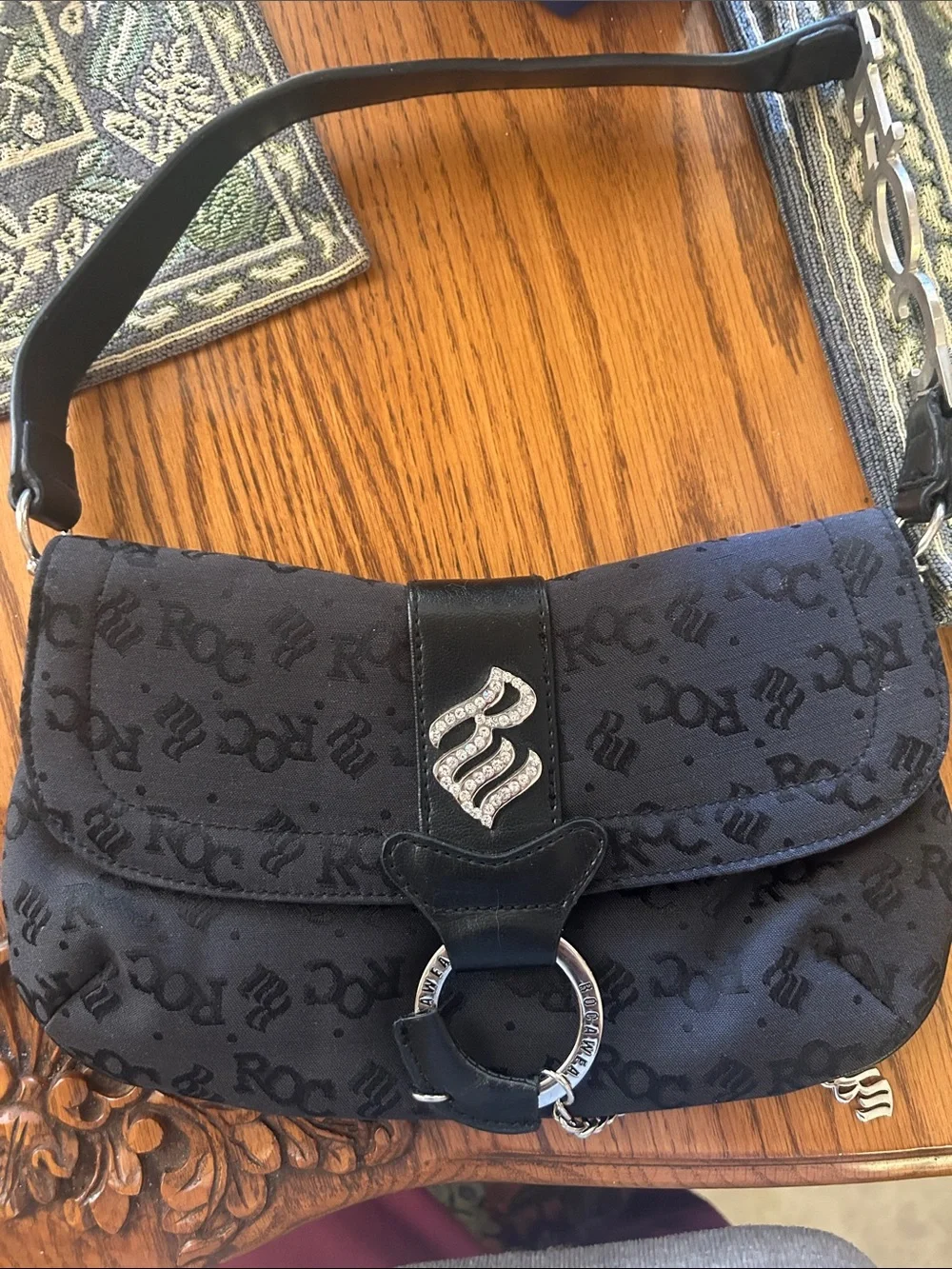 Rocawear Black Monogram Shoulder Bag with Rhinestone Emblem VGUC